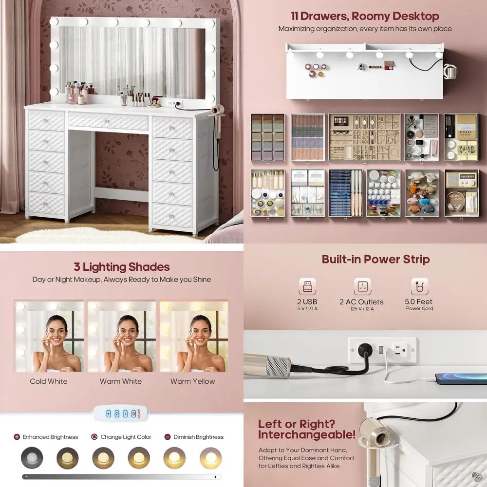 Large Mirrored Makeup Vanity with Built-in Lights and Power Outlet, 45.3