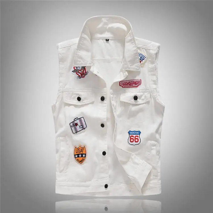 

White Denim Vest with Patch Slim Fit Youthful Sle Side S ket Casual Ocn Single Color Pattern No Brand Registered