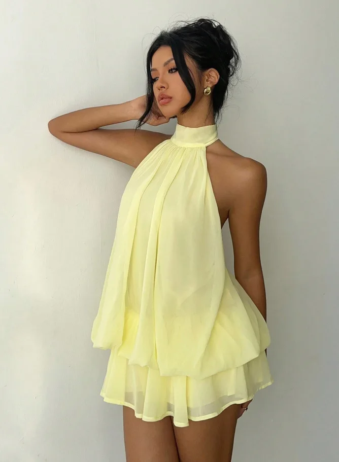 Vestido de Verano para Mujer, Entallado, Sexy, Sin Espalda, Halter, Cintura con Lazada, Color Sólido, Versátil, Elegante y Cómodo 2