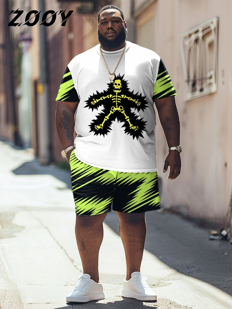 

ZOOY (L-9XL) Plus Size Men's Waist 166cm Skull Print Colorful Graffiti Street Fashion Trend Short Sleeve T-shirt Shorts Set