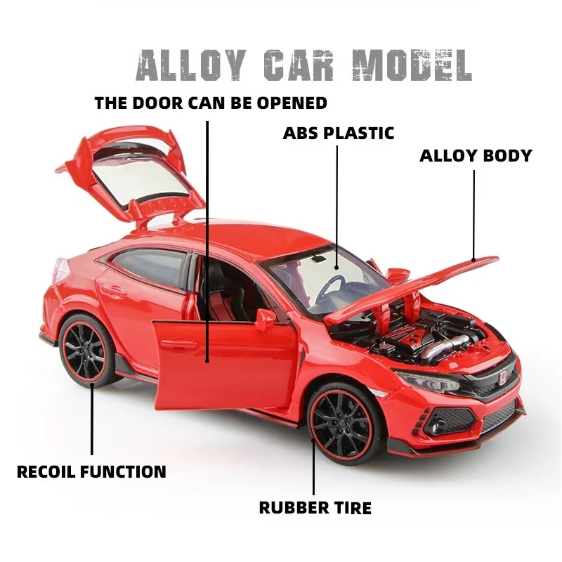 Honda Civic Type R JDM Simulation Diecast & Toy Vehicles Sounds & Light Pull Back Car 1:32 Alloy Collection Model Birthday Gifts view 2