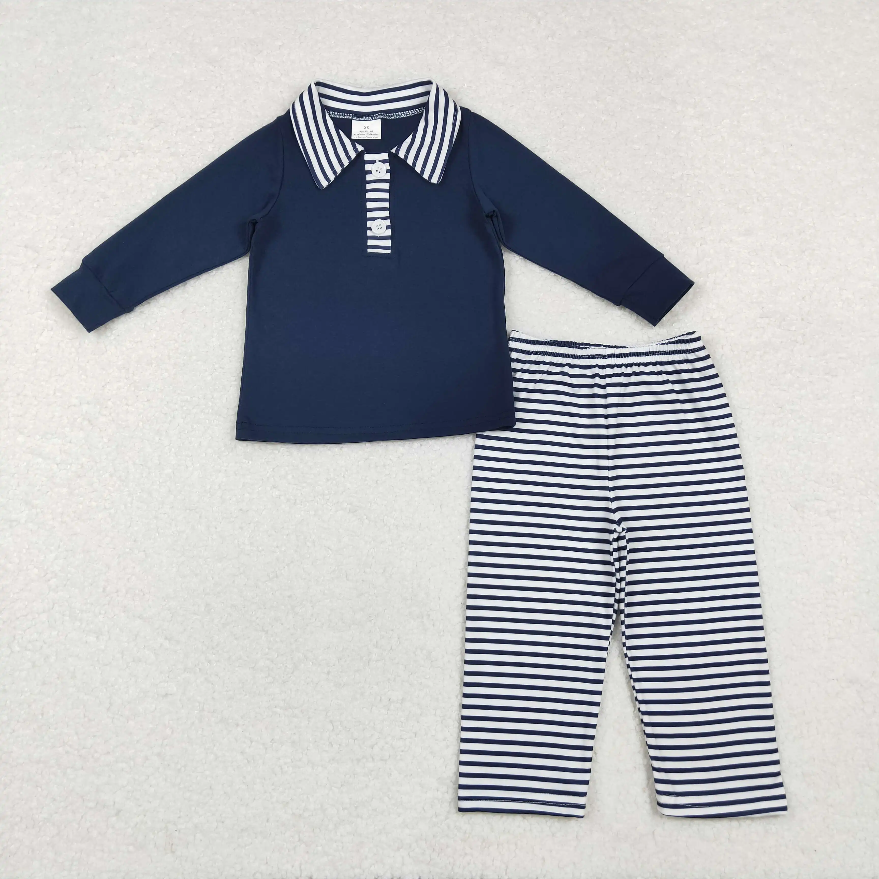 BLP0897 Kids Boys Autumn Outfit Sets Long Sleeves Striped collar navy blue Print With Trousers Children Clothes Rts No Moq