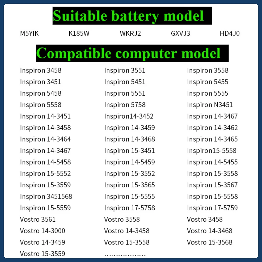 New M5Y1K Laptop Battery for DELL Inspiron 3565 3576 3476 3567 5758 5759 5555 for Dell Vostro 3558 3568 3578 3478 2700mAh