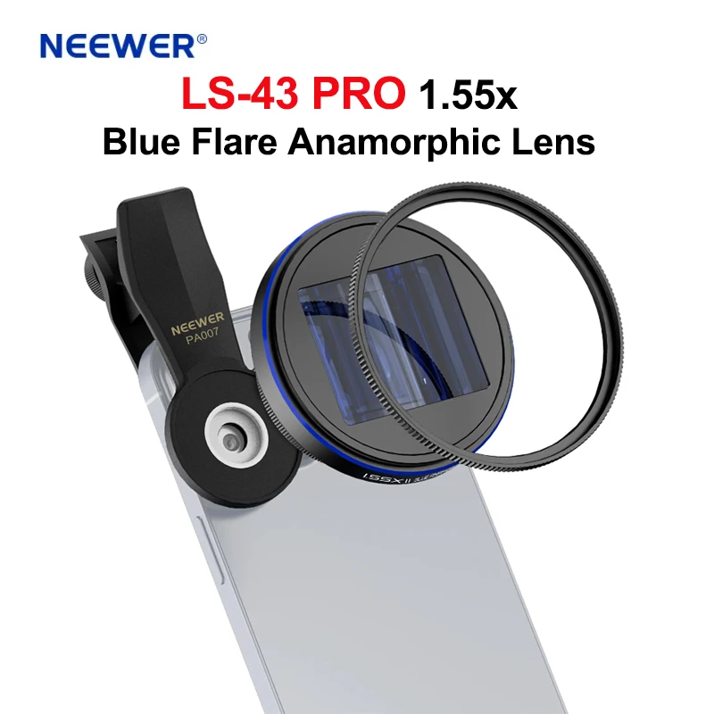 NEEWER LS-43 PRO 1.55x Blue Flare Anamorphic Lens 2.4:1 Ultra Wide Aspect Ratio&Blue Glare for iPhone 15 Samsung Galaxy series