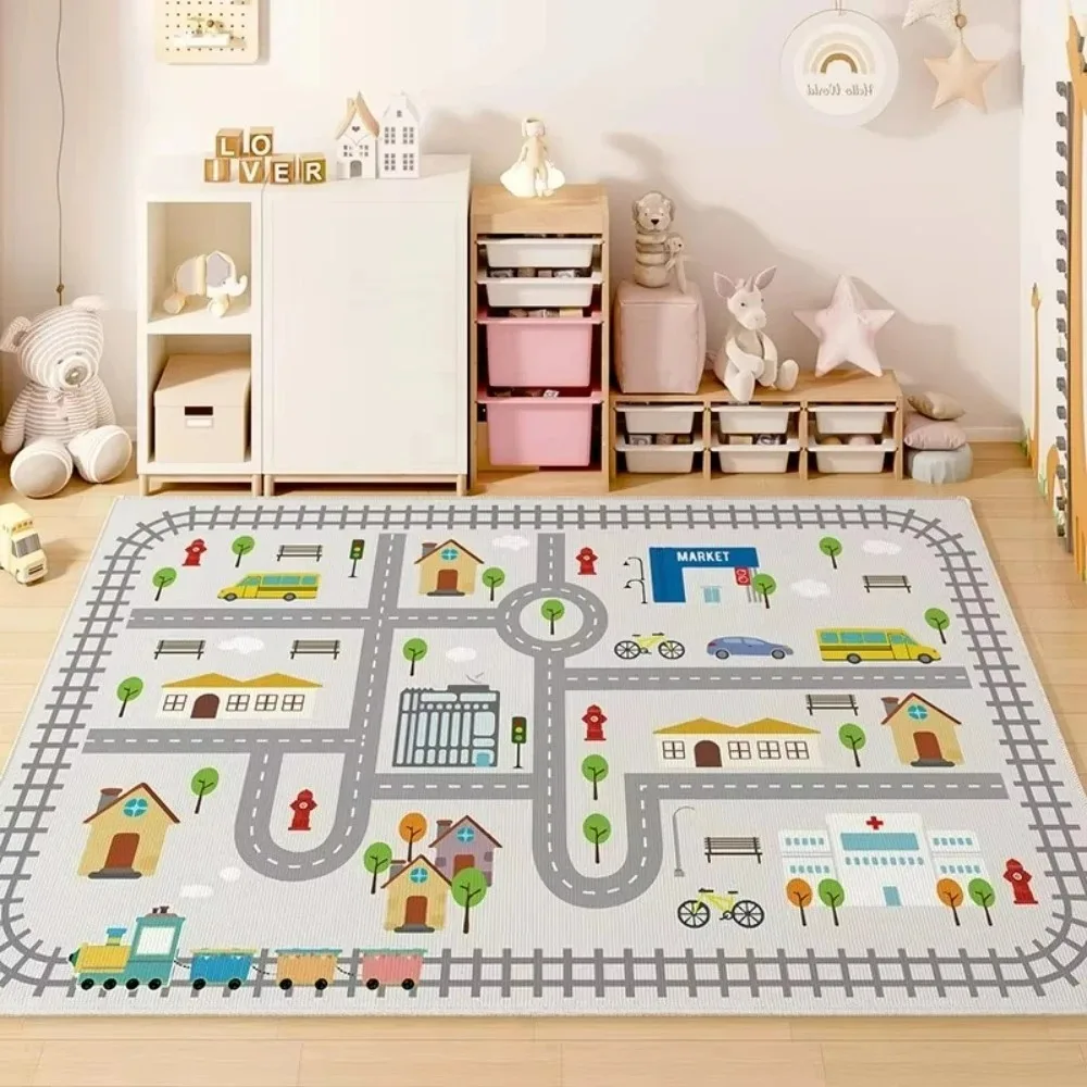 Cartoon City Road Train Track Kids Rug Soft Fluffy Play Mat for Bedroom Educational Traffic Game Carpet for Children