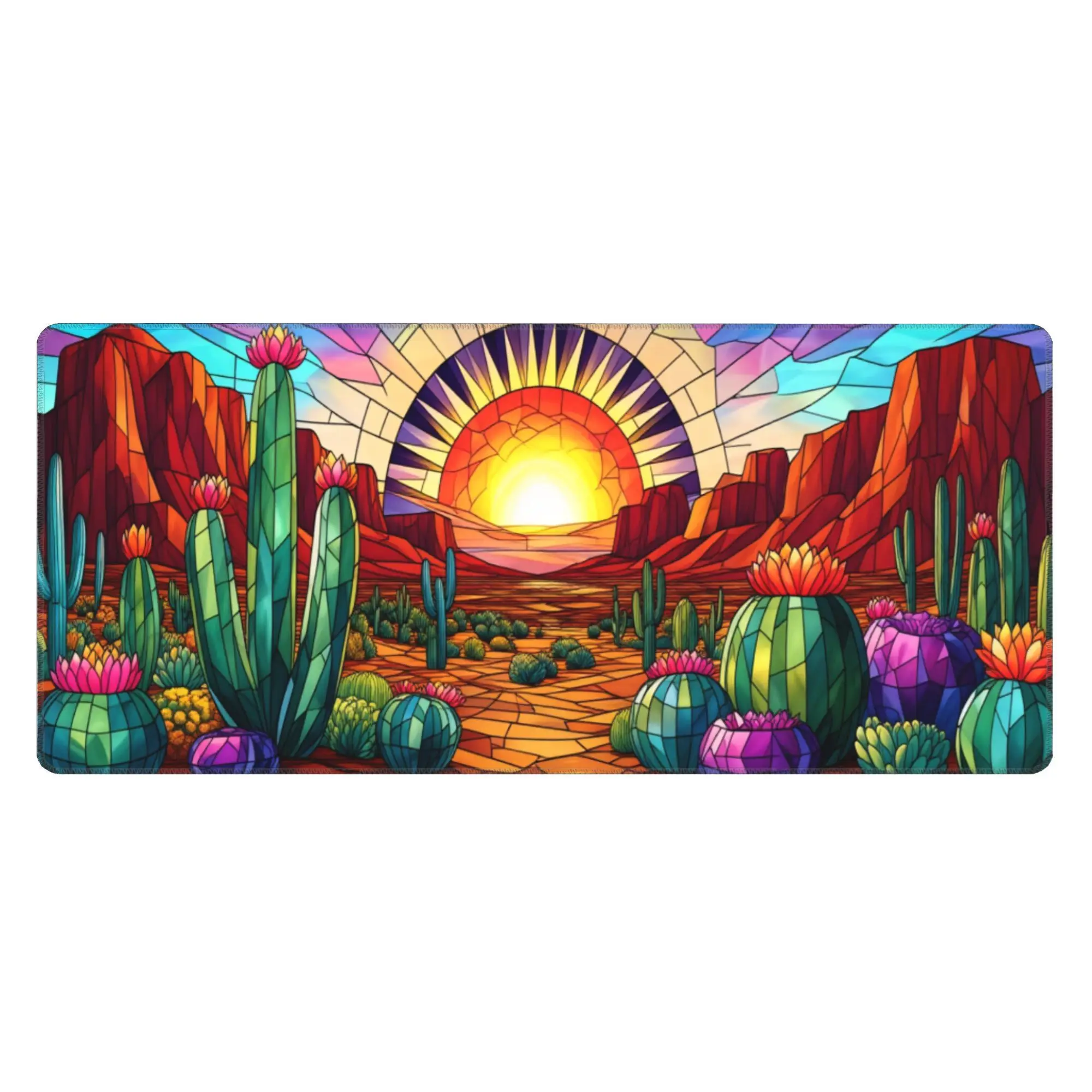 Stained Glass Desert Sunset Cactus Mouse Pad Rubber Gaming Desk Mat Office Accessory