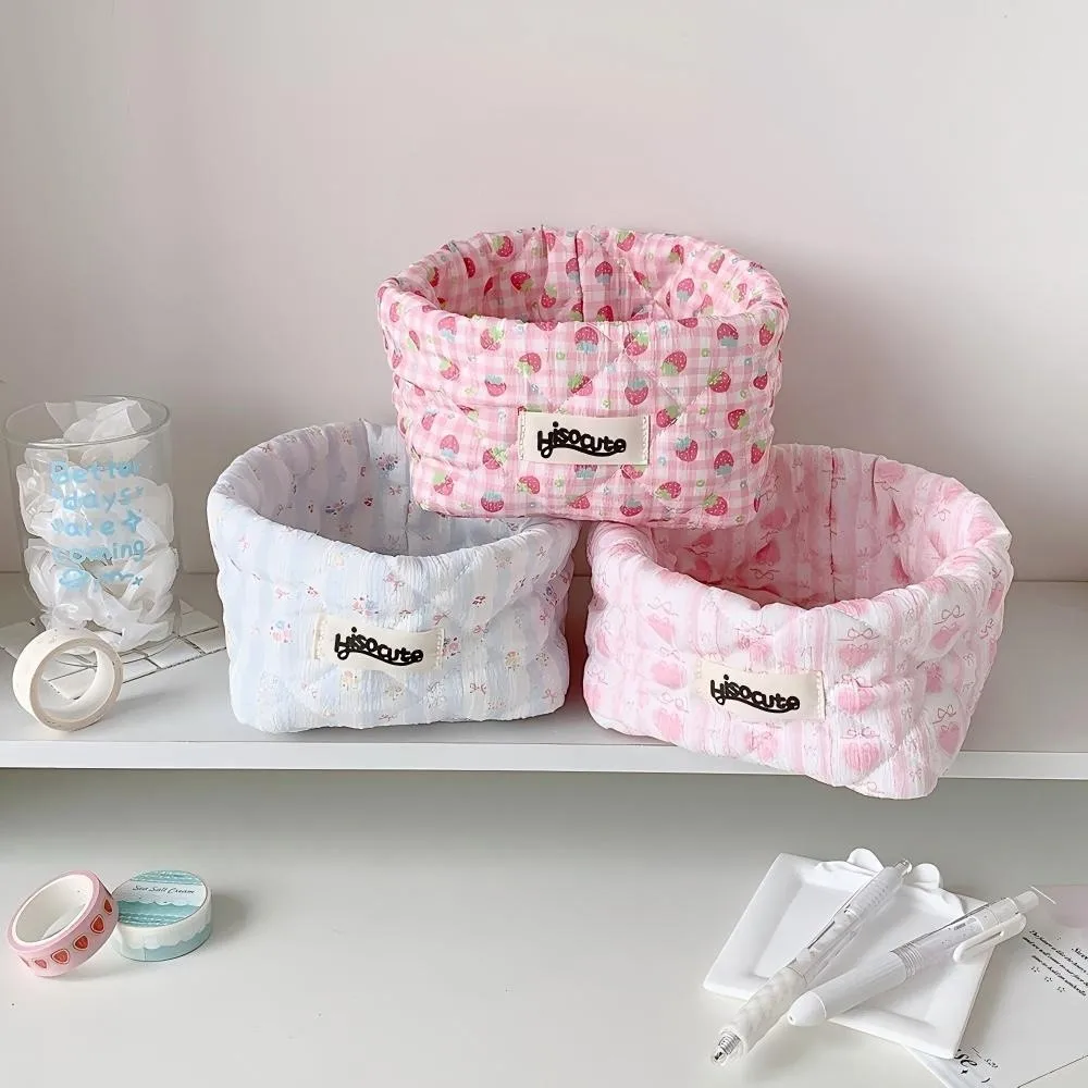 Quilted Fabric Desktop Storage Basket Floral Strawberry Print Large Capacity Desktop Organizer Foldable Desktop Storage Box