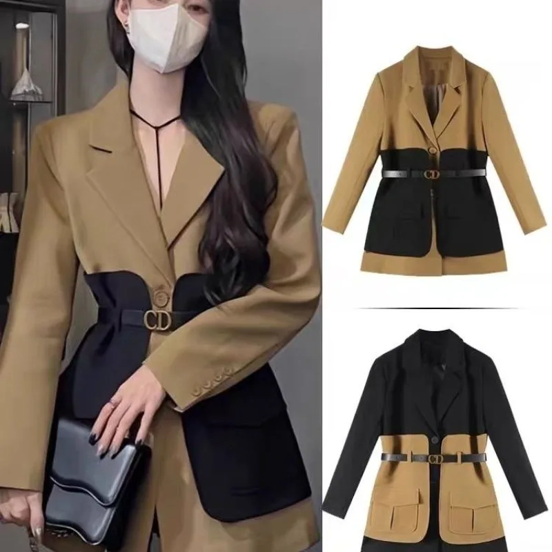 

Women's Spring Autumn Fashion Patchwork Blazer Office Lady Graceful Slim Suit Jackets with Waistbelt 2025 New Outwear Female