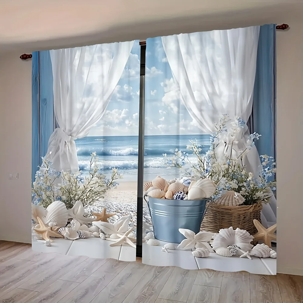 Beach Ocean View with Seashells and Starfish Curtain 3D Printed Scenery Pattern Kitchen Living Room Decorative Blackout