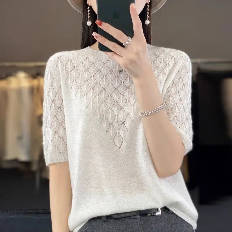 

Summer Clothing Women Loose Hollow Out T-shirt Solid Round Neck Half Sleeve Versatile Fashion Casual Vintage Thin Knitted Tops