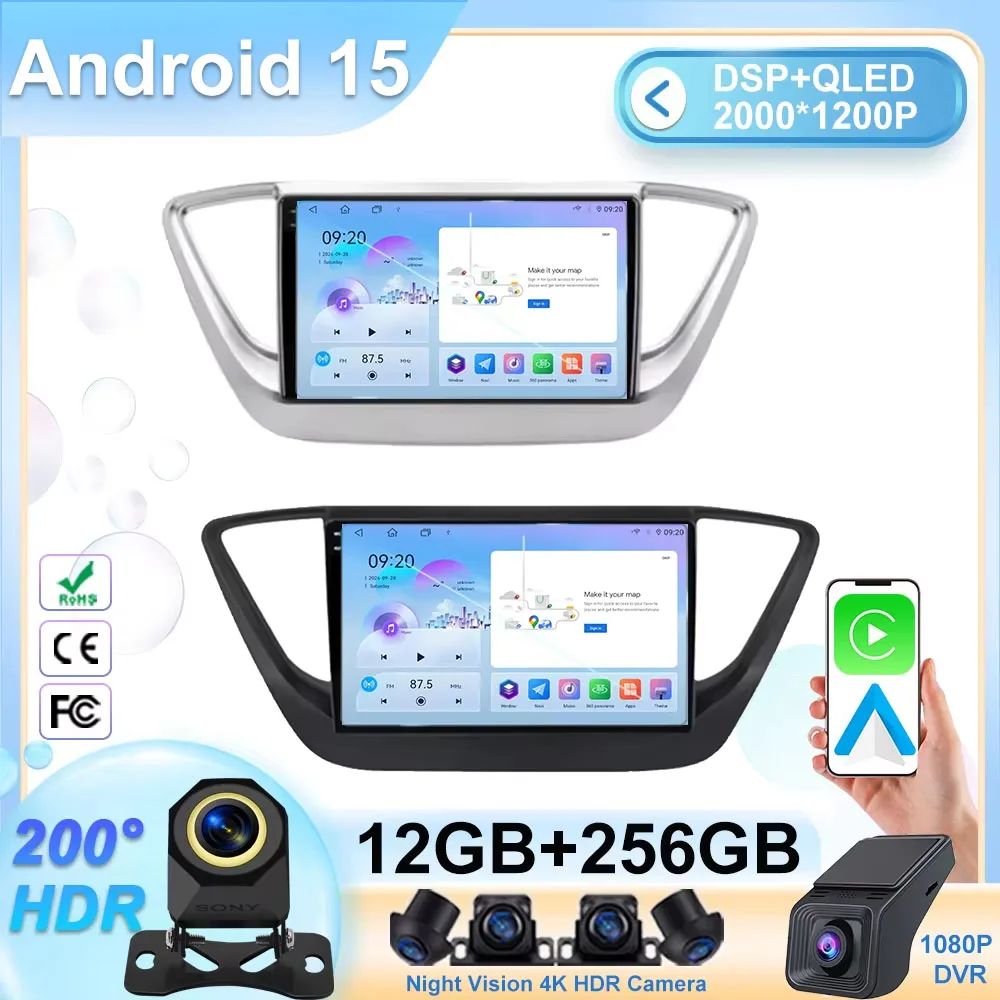 Android15 Auto For Hyundai Solaris 2 Verna Accent 2017 2018 2019 2020 Carplay GPS Radio StereoNavigation  Player Multimidia 2Din