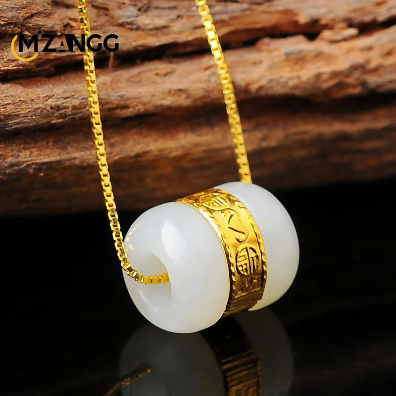 Natural Hetian Jade Road Road Bead Necklace Gold Inset Jade Six Words Pendant Luxury Charm Men and Women Jewelry Holiday Gift