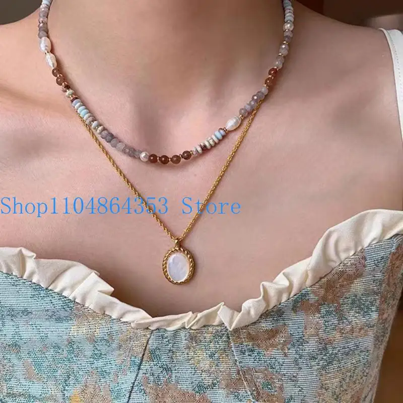 652F Fashionable Pearls Pendant Necklace with Handcraft Natural Stone Beads Materials for Women's Fashion Accessories
