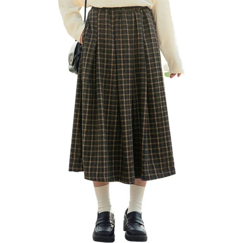 Women Fall Long Plaid Skirt with Pockets Vintage Brown High Waisted Pleated A Line Flare Wool Tartan Winter Skirts