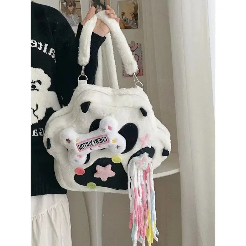 Bolsa de Cosplay de Anime Lolita Unisex, bolso de hombro Kawaii con garra de gato, mochila de felpa blanca Y2K, accesorio de disfraz para fiesta de Halloween