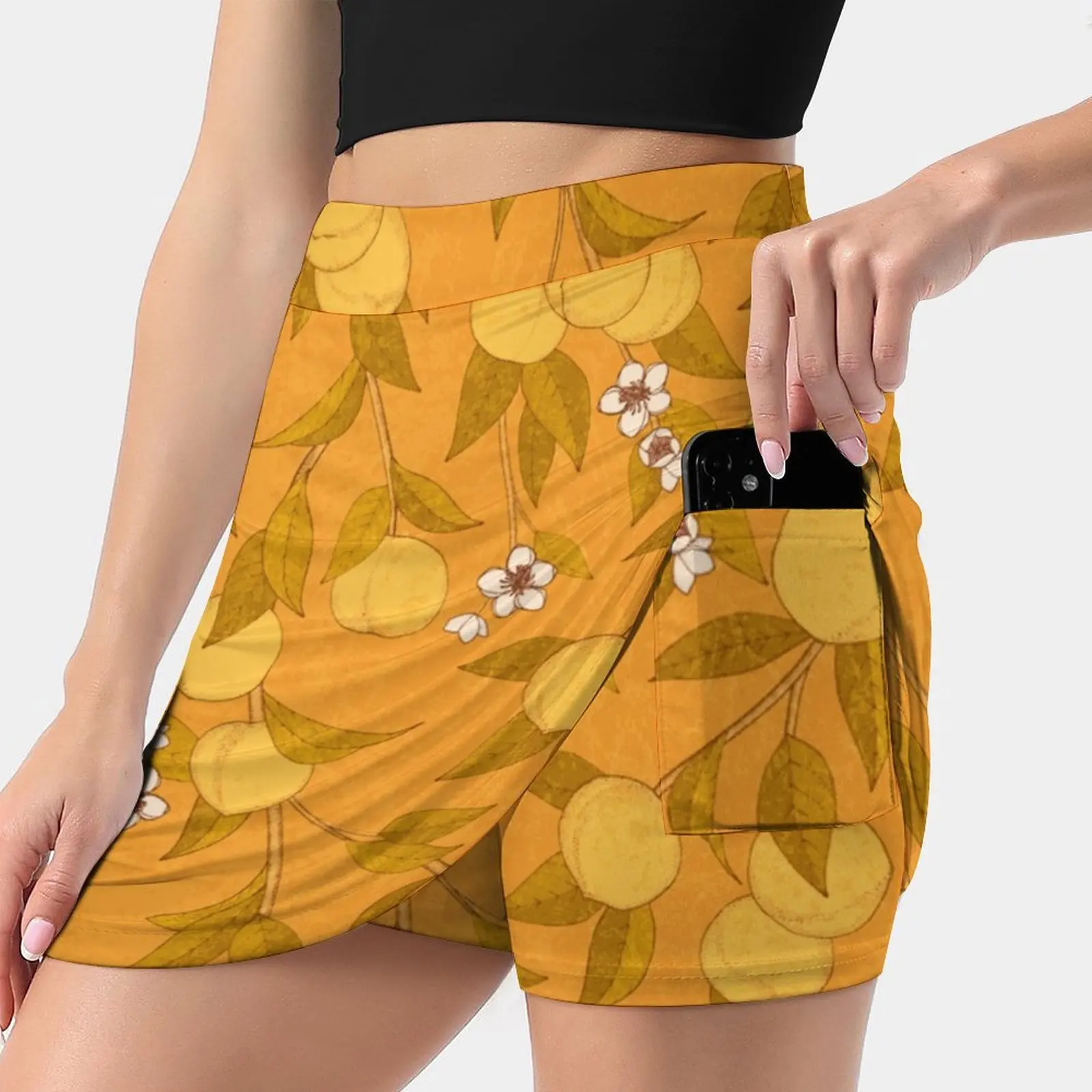 Vintage Golden Yellow Peaches Fruit Tree S-4Xl Tennis Skirts Golf Fitness Athletic Shorts Skirt With Phone Pocket Peach Peaches