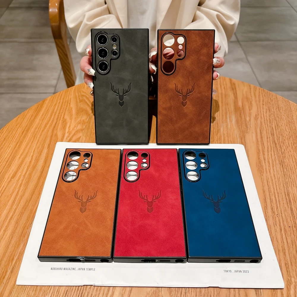 Retre PU-Leder Handyhülle für Samsung Galaxy S25 S24 S23 S22 S21 Ultra Plus FE EDGE Note 20 Ultra Plus Hirschkopf-Hülle