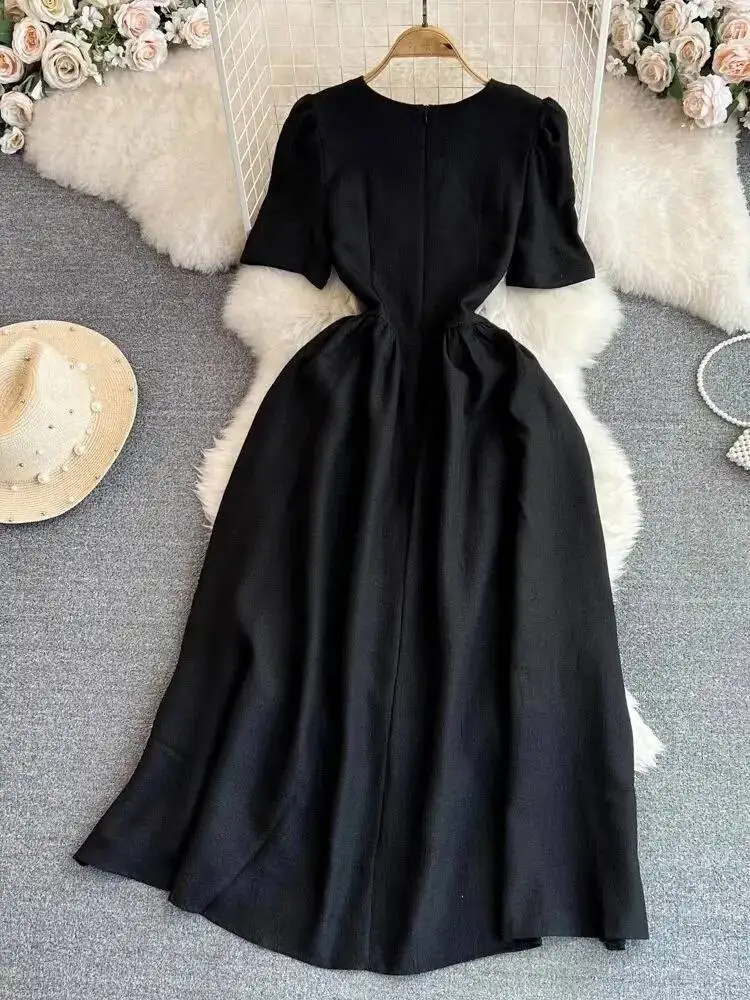 Summer Autumn Black Sundress Short Sleeve Midi Party Dress Women Elegant Puff Sleeve Heart Buttons Evening Long Vestidos Quality