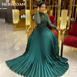 Nersesyan-vestido de noche verde oscuro con purpurina, elegante, plisado, mangas brillantes, línea A, Formal, con lentejuelas, para fiesta, 2024