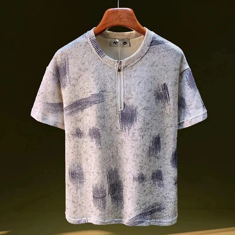 2026 Spring New Men's Loose Sweater Short Sleeve Top Half Cardigan Round Neck Casual Versatile Knitted