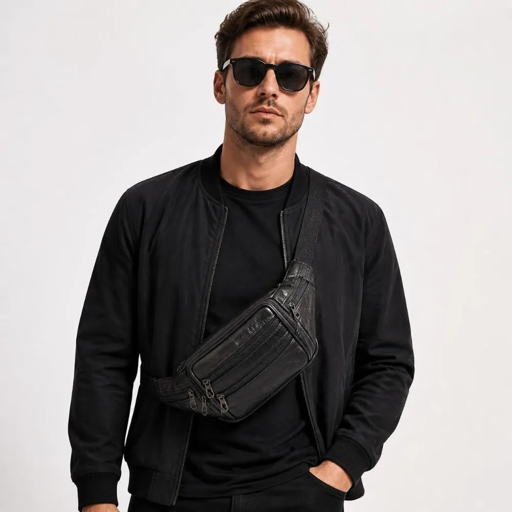 Luxury Multi-Pocket Leather Fanny Pack Leather Belt Loop Design Waist Bag Adjustable Strap Crossbody Waist Bag Men