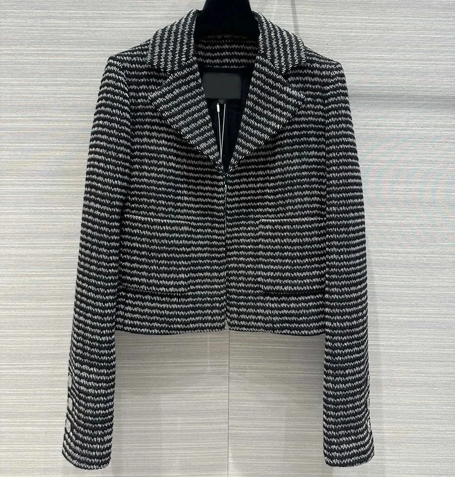 High quality silk lining women white black striped tweed coats vintage notched collar weave blazers