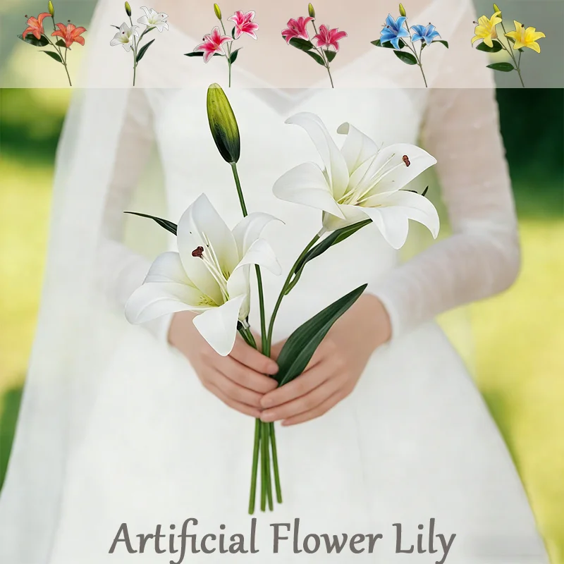 

Hot Sale Long Branch 65cm Artificial Lily 2 Heads Soft Fake Flower for Living Room Table Wedding DIY Bouquet Decor Accessories