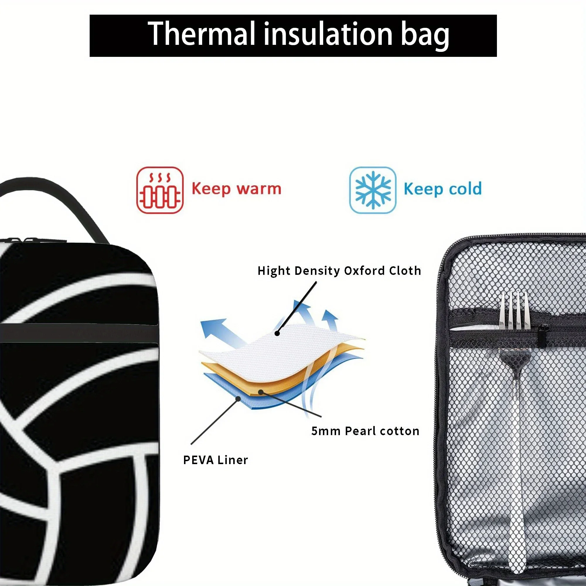 Black and White Volleyball Design Lunch Bag Insulated Lunch Tote for Home Restaurant Office Use Unisex Portable Reusable