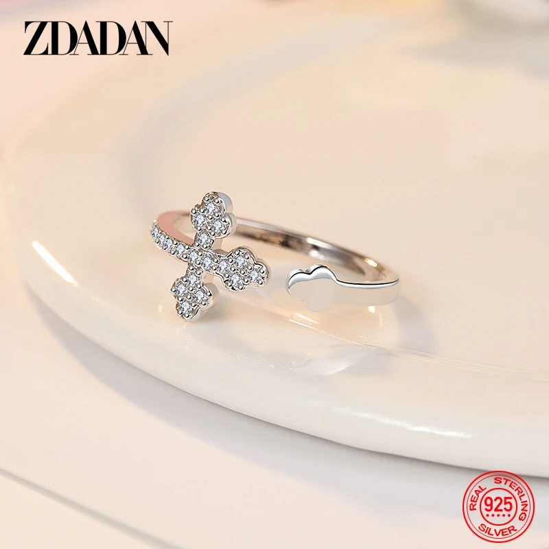 

ZDADAN 925 Sterling Silver Temperament Cross Zircon Open Ring For Women Fashion Wedding Jewelry Party Gift