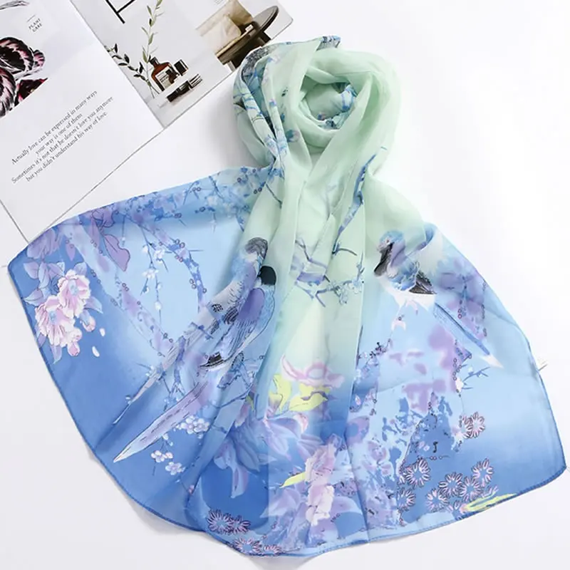 Flowers and birds printed chiffon scarf shawl, beach sunscreen scarf head scarf women, mother gift