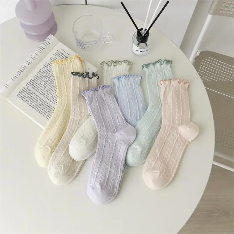 Spring and summer new style breathable thin mesh breathable mid-calf socks Japanese sweet solid color fungus heap sock for women