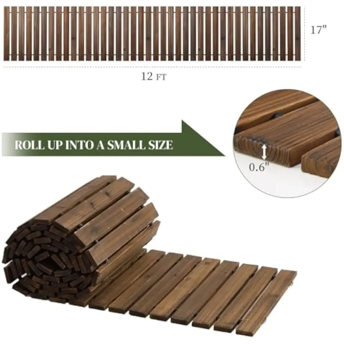 12-foot natural carbonized fir wood outdoor pathway roll with non-slip textured surface weatherproof rectangular walkway for gar