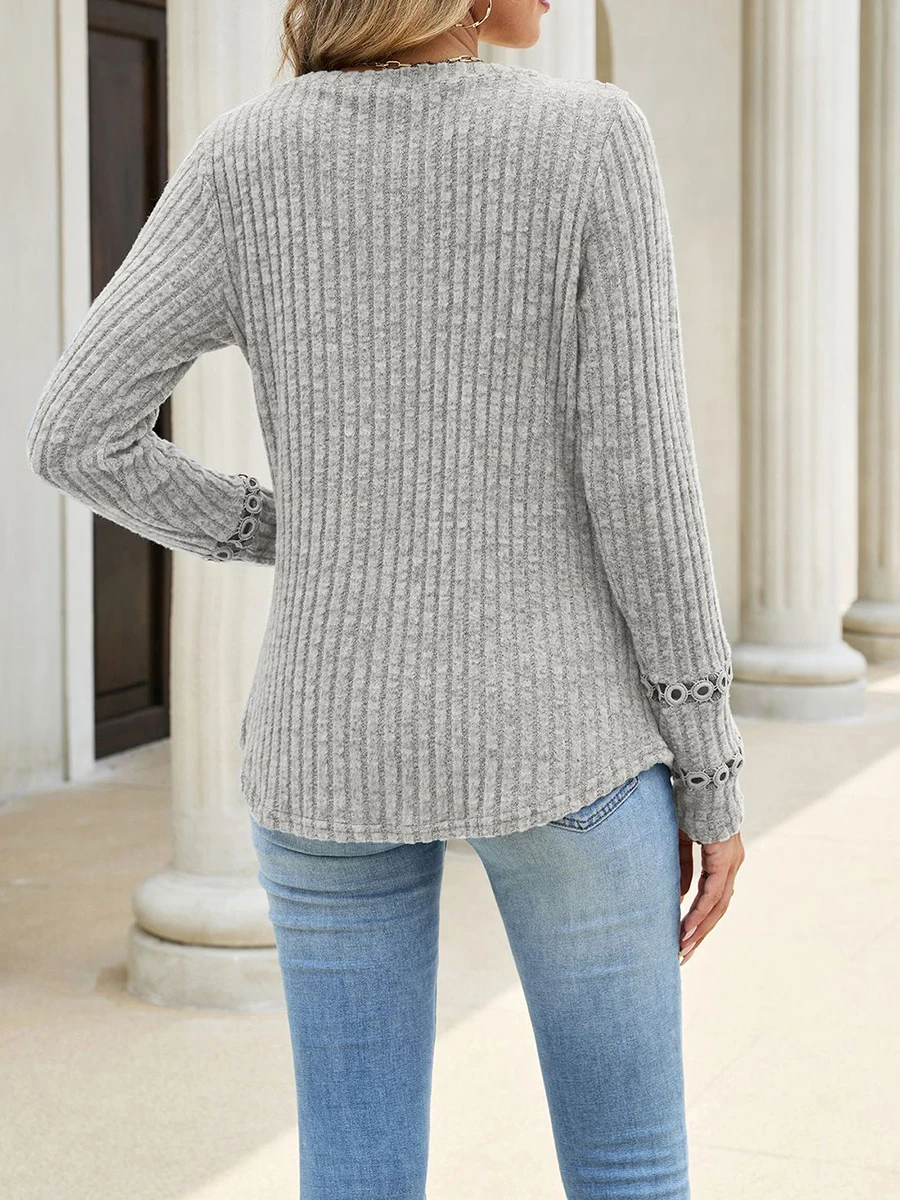 Women's Loose Long Sleeve Fleece Top Solid for V Neck with Lace Trim Designed for Beach Holiday Vacation and Light Fitness Use