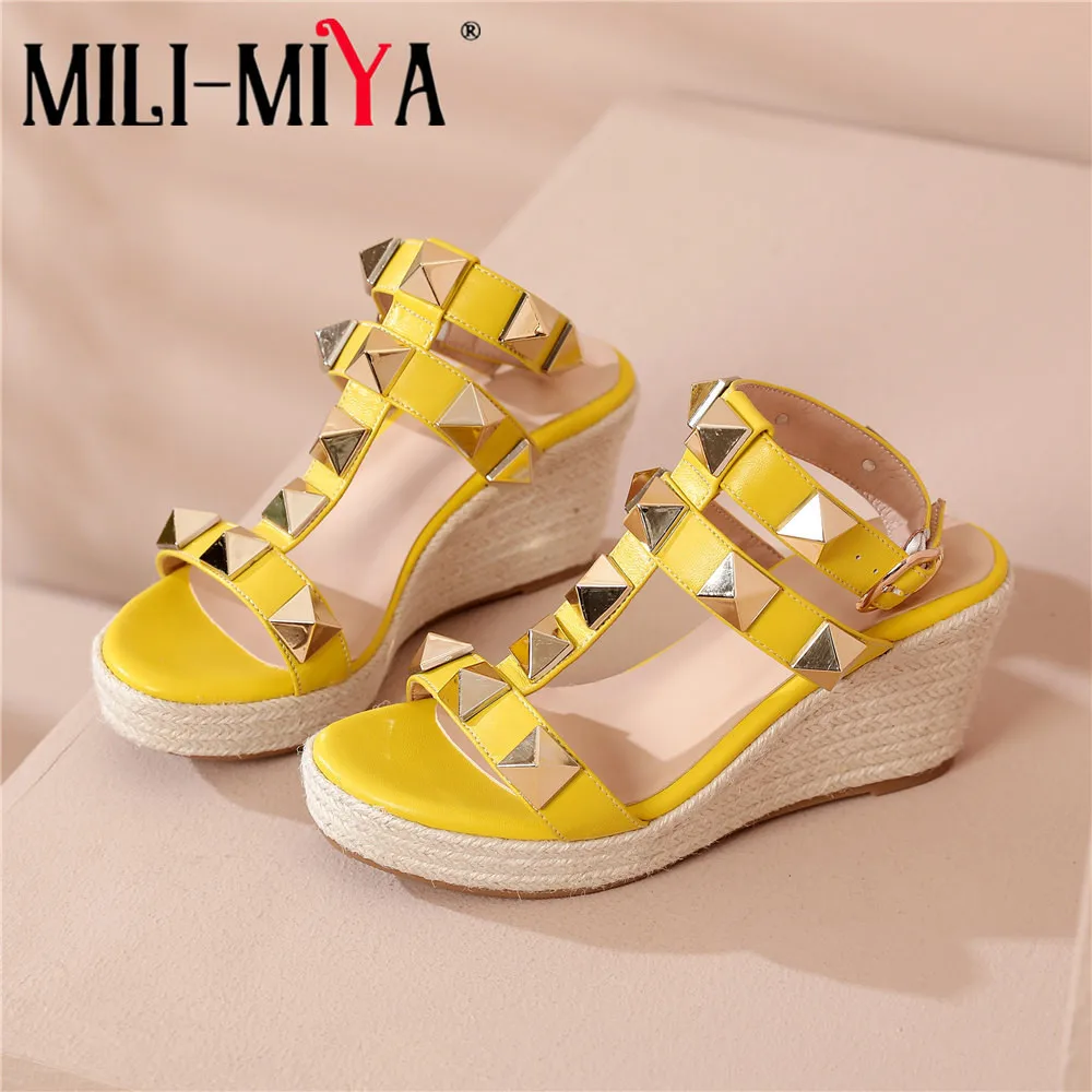 MILI-MIYA Classic Fashion Women Sheep Skin Rivet Wedges Sandals Round Toe Ankle Wrap Buckle Strap Solid Color Summer Shoes