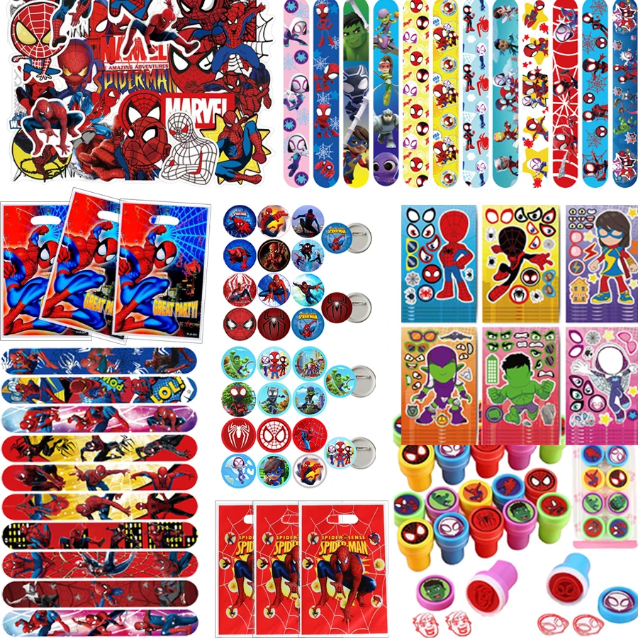 

Сувениры для дня рождения с Человеком-пауком Диснея, детские сувениры, браслеты с супергероями, наклейки, значок, подарочная сумка, товары для вечеринок
