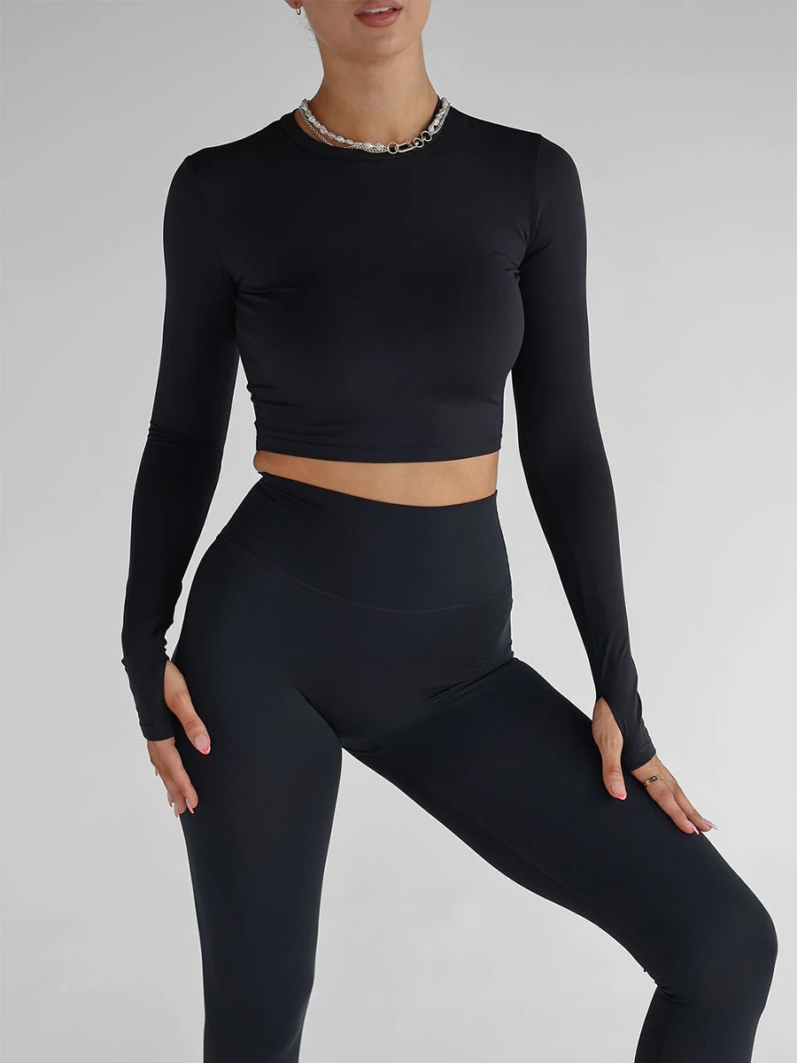 Long Sleeve Workout Shirts for Women Gym Running Seamless Yoga Tops Thumb Hole Cropped Long Sleeve Crop Tops for Women