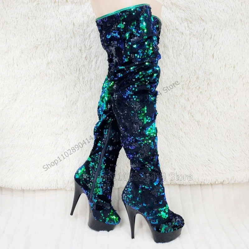 Green Sequins Decor Round Toe Platform Boots Side Zipper Women Shoes Thin High Heels New Fashion Party 2023 Zapatos Para Mujere