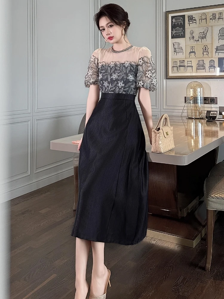 Damska Sukienka Wieczorowa Czarna Koronkowa Imitacja Dwuczęściowa Krótki Rękaw Wyszczuplająca Linia A Długa Elegancka Modna Impreza Bal Studniówkowy Vestido Robe Lato