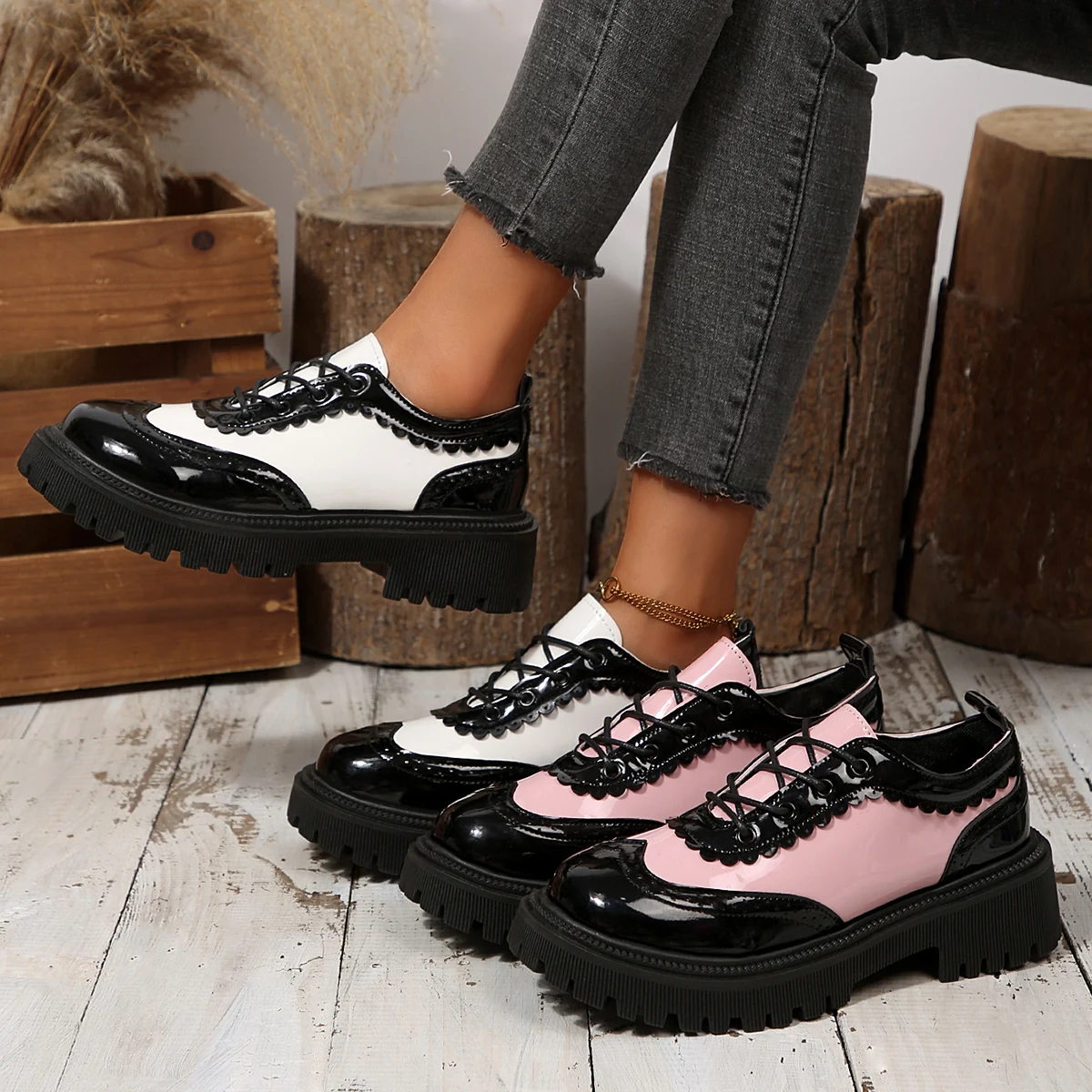 Spring/Autumn women low-square-heel round head Non-slip shoes cross tied mixed color oxfords casual footwear fashion sneakers