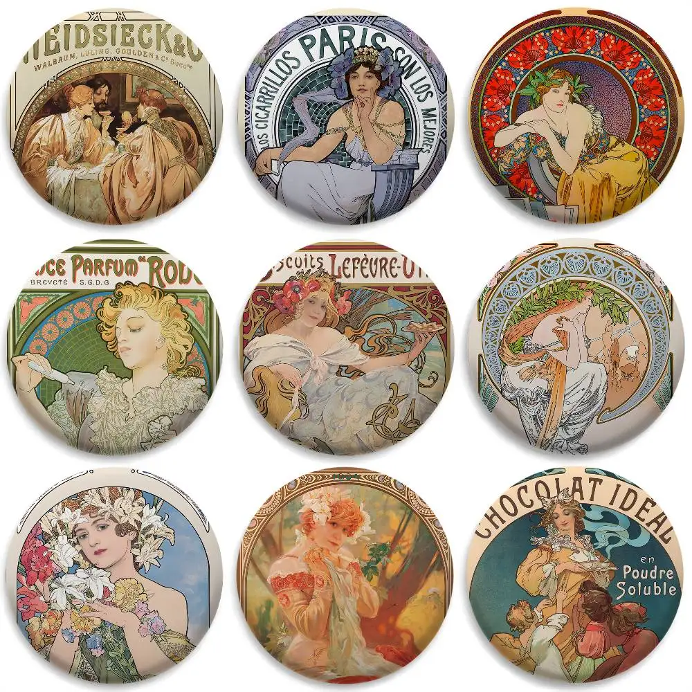 

A-ALFONS MUCHAS Retro Badges Round Exquisite Badge Brooches Creative Pins For Clothes Hat Backpack Gift Accessories