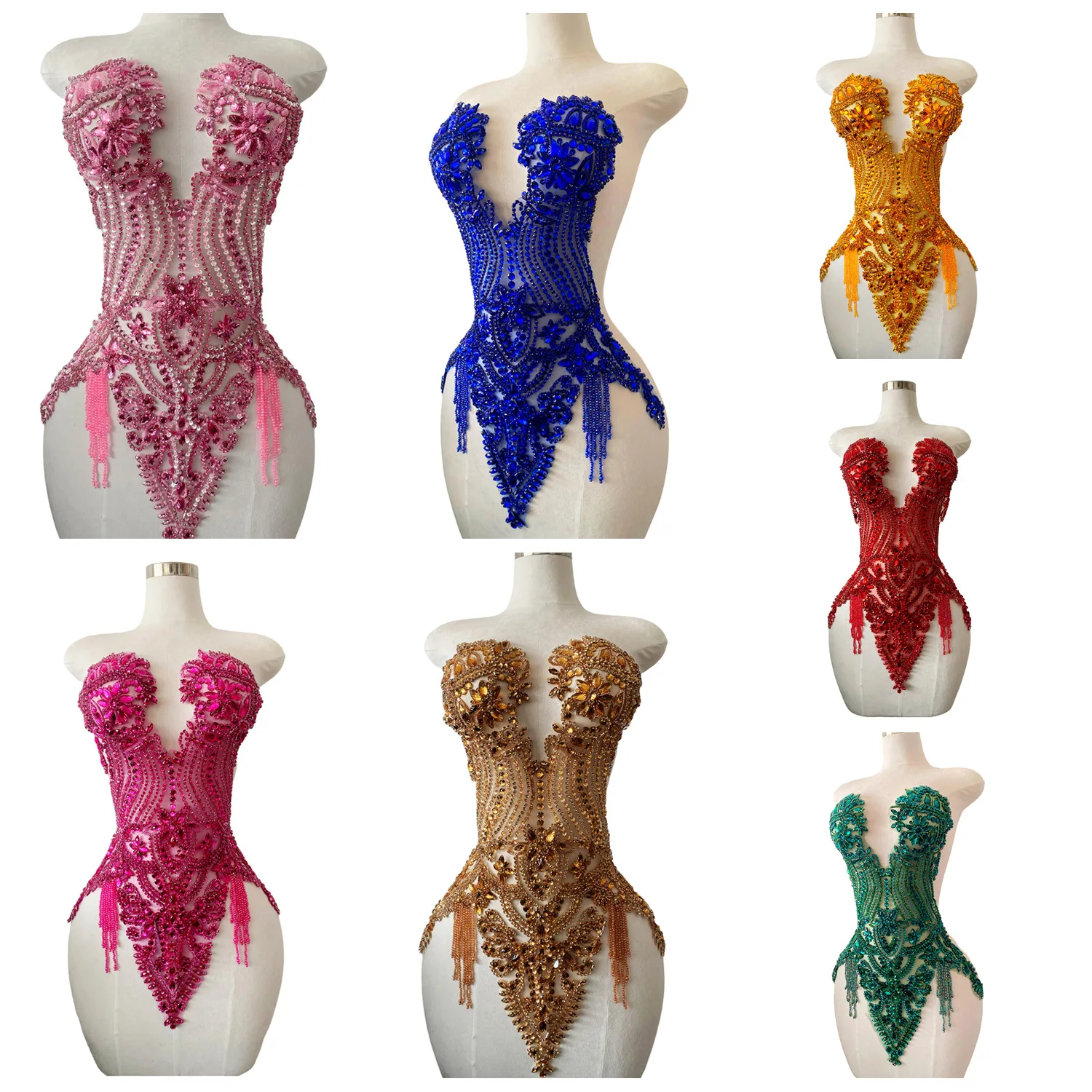 12 Colors Luxury Beading Crystal Profiling On Tulle Evening Dress Shiny Sequin Fabric Accessories V Neck Dress Tassel Material