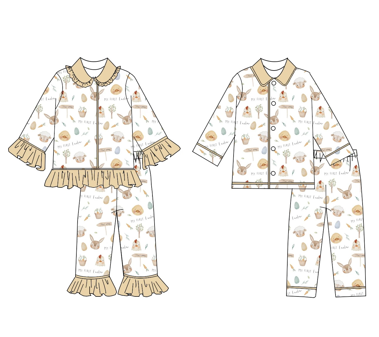 طقم بيجامة بأكمام طويلة وطبعة أرنب عيد الفصح والجزر والبيض للأطفال بيجامة رائعة من حرير الحليب للأولاد والبنات #1