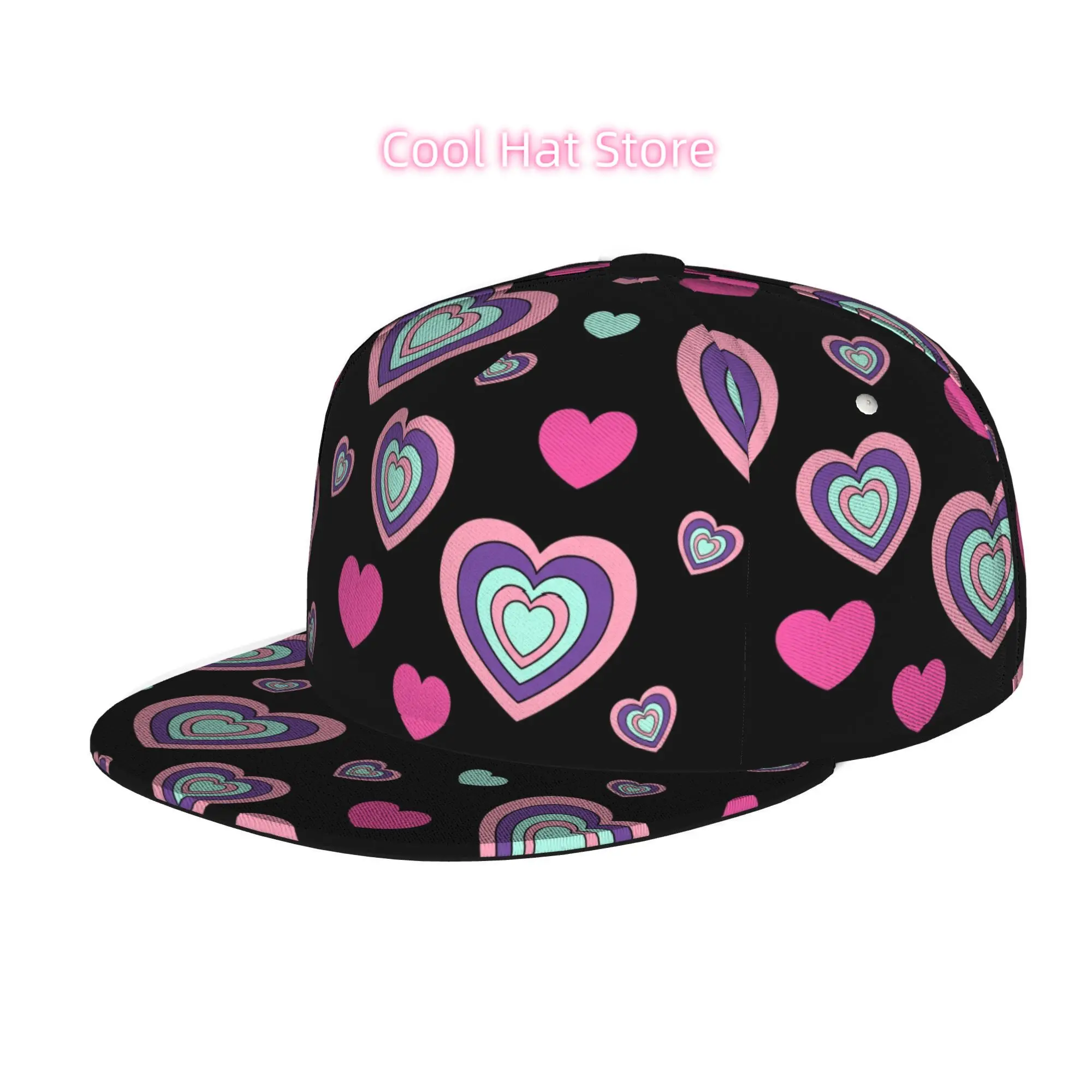 Baseball Caps for Both Men And Women Featuring Vibrant Layered Heart Designs, with an Adjustable Snap Brim And a Flat Top - Perf