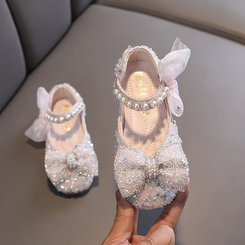 Toddler Girl\'s Princess Shoes Sequins Lace Bowknot 21-36 Children Mary Janes Three Colors Luxury Trendy Party Kids Shoes Flats