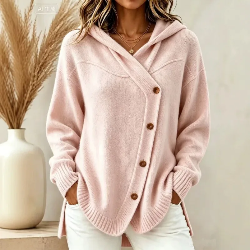 Women Hooded Knit Cardigan Oblique Button Design Long Sleeve Loose Autumn Winter Solid Color Coat Pockets Casual Knitted Sweater 3
