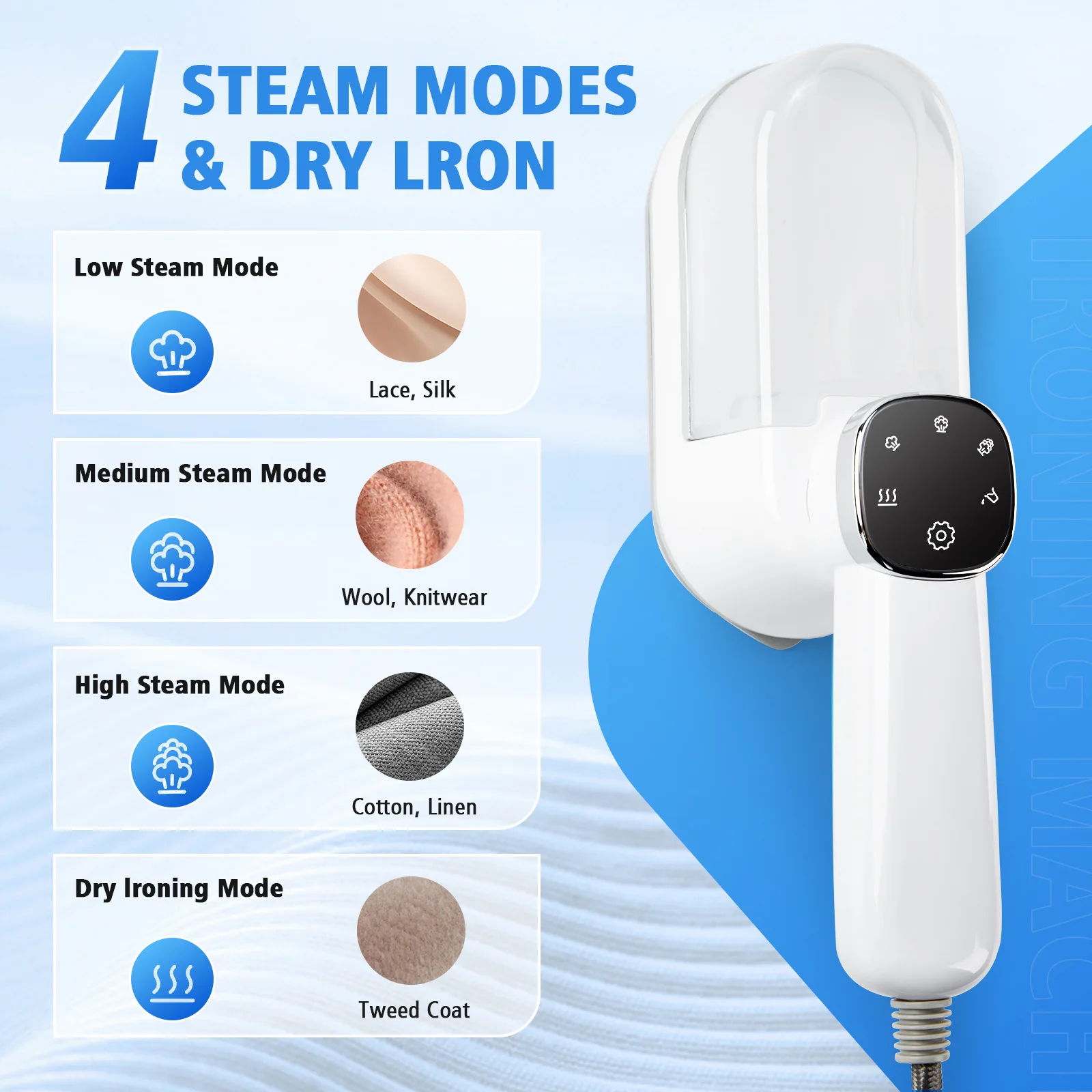 شاشة تعمل باللمس 180 °   مكوّاة معلقة محمولة، متعددة السرعات، خزان مياه قابل للفصل، مكواة بخار عالية الطاقة وسهلة التنظيف