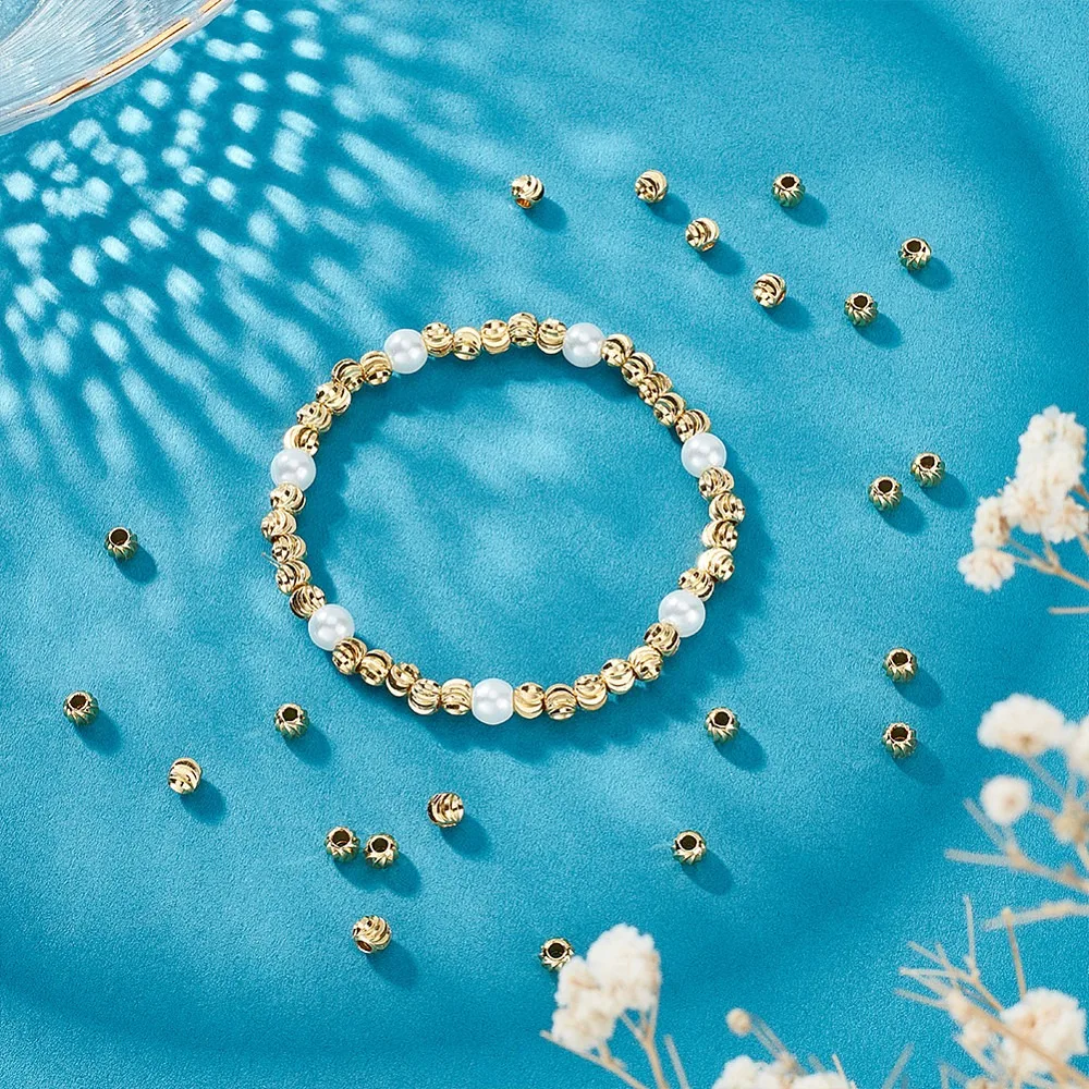 150Pcs Brass Spacer Beads Long-Lasting Plated Corrugated Round Real 18K Gold Plated 5x4mm Hole: 2mm