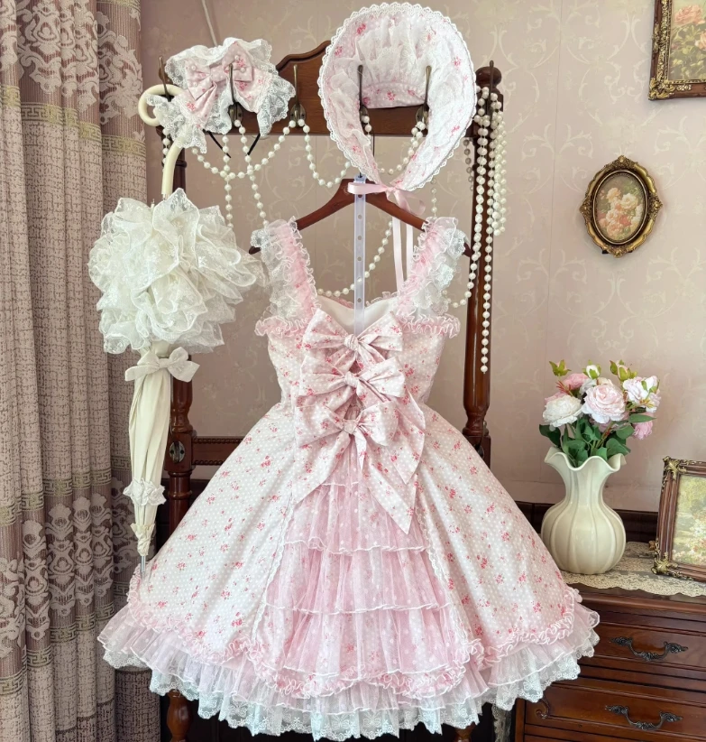 Neues 2026 Frühling und Sommer Mädchen Süßes Lolita Rosa Blumen-Spitzenkleid Niedliches Perlenbesetztes Schleifenkleid Ärmelloses Kurzkleid für Damen