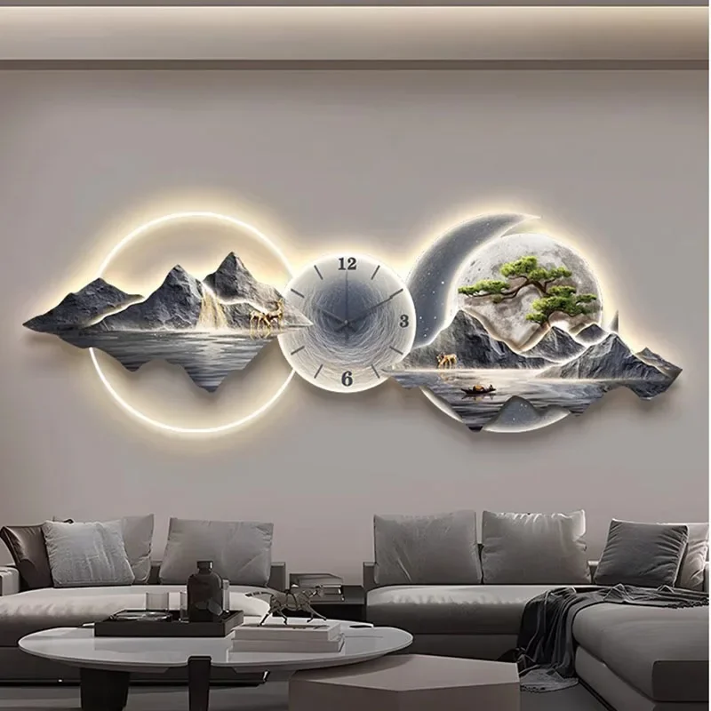 Modern Chinese Painting with Clock Luxury New Asian Style Large Landscape Art for Living Room Sofa Background Wall Decor