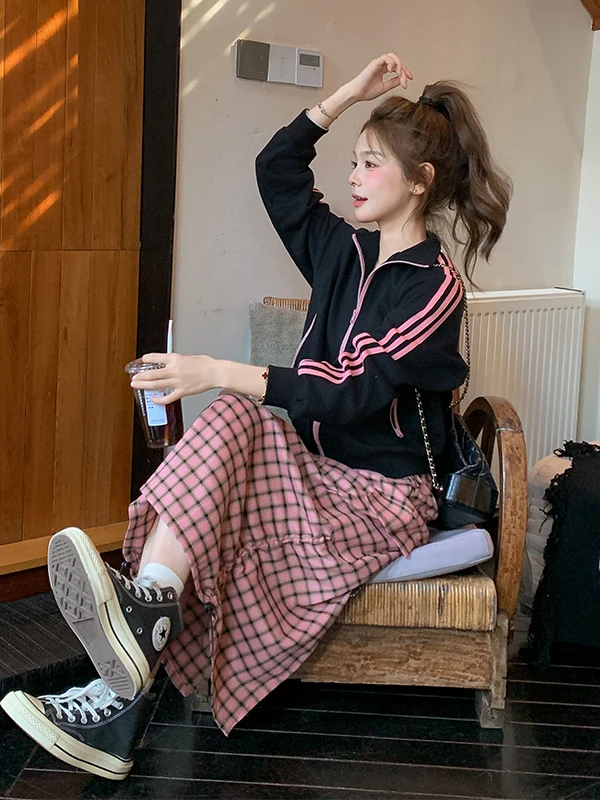 

Розовый клетчатый костюм-двойка для женщин: повседневный комплект на весну-осень с высокой талией, молнией и модным дизайном для студенток